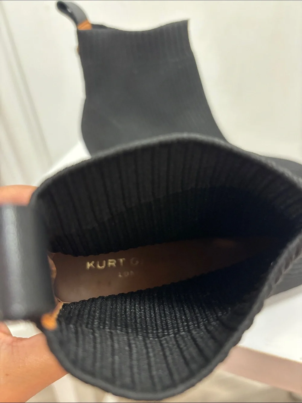 Kurt Geiger Black Knit Ankle Boot with Gold Logo Heel